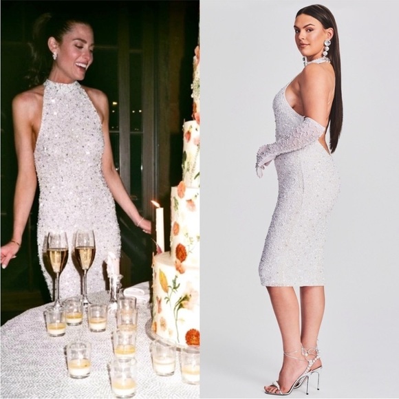 RETROFETE Hand Stitched Crystal & Sequin Sleeveless Halter Open Back Dress S - Picture 3 of 14